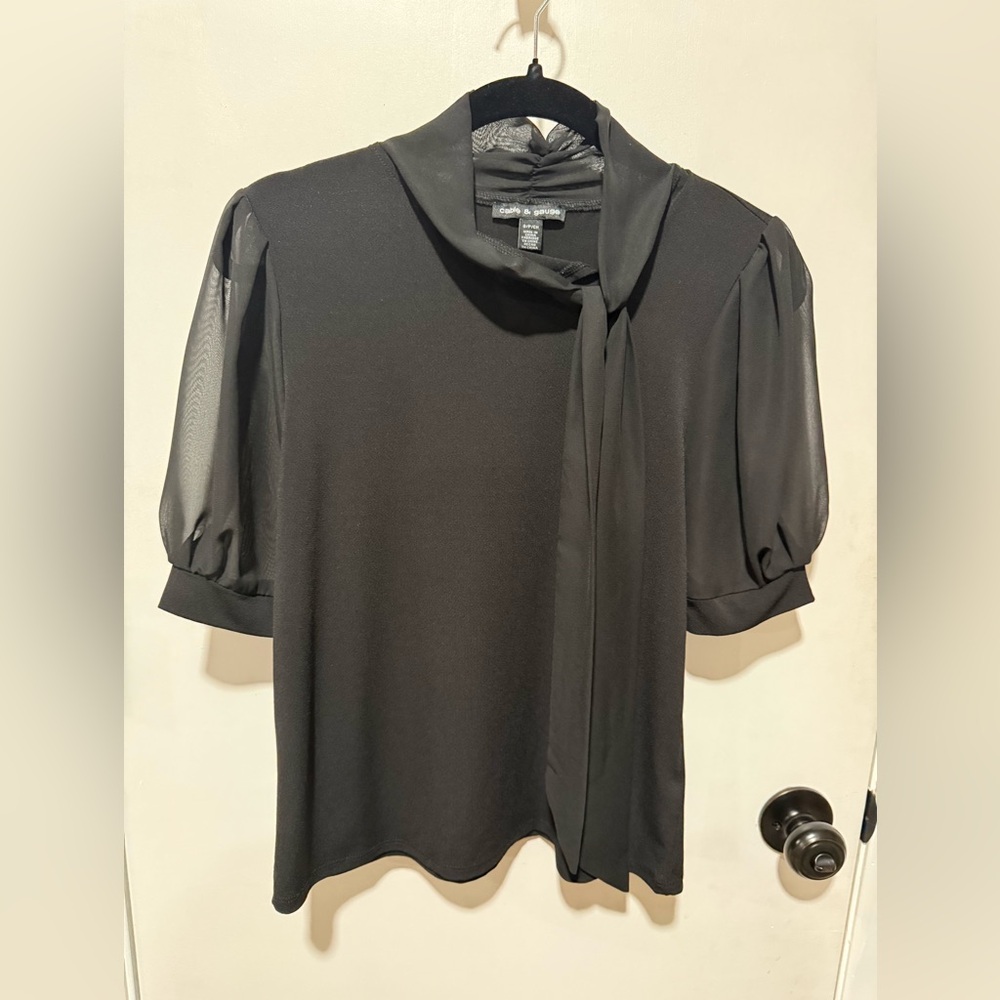 Cable & Gauge Black Women's Blouse with Sheer Sleeves-#1141